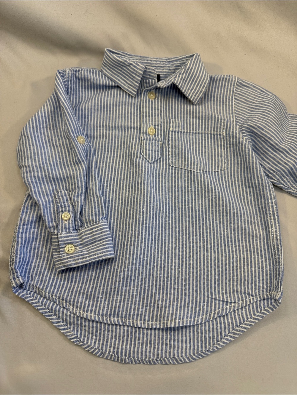 GAP Blue & White Striped Button-Down Henley Shirt. Roll up sleeves